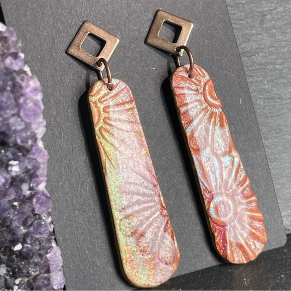 Artisan Made Floral Embossed Shimmering Orange And Pink Dangle Boho Earrings - Picture 3 of 7